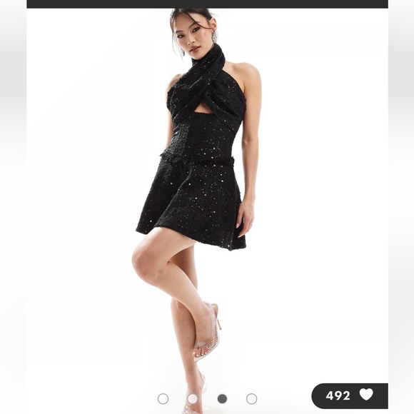 Heiress Beverly Hills boucle halterneck corset ruffle mini dress sequin black - Picture 4 of 13